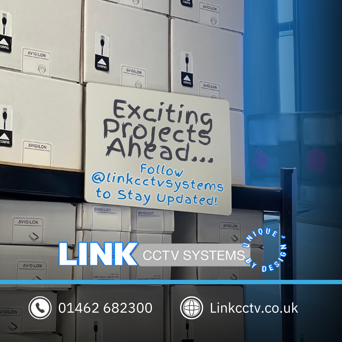 A picture of Link CCTV office room of Avigilon boxes getting prepared for new projects